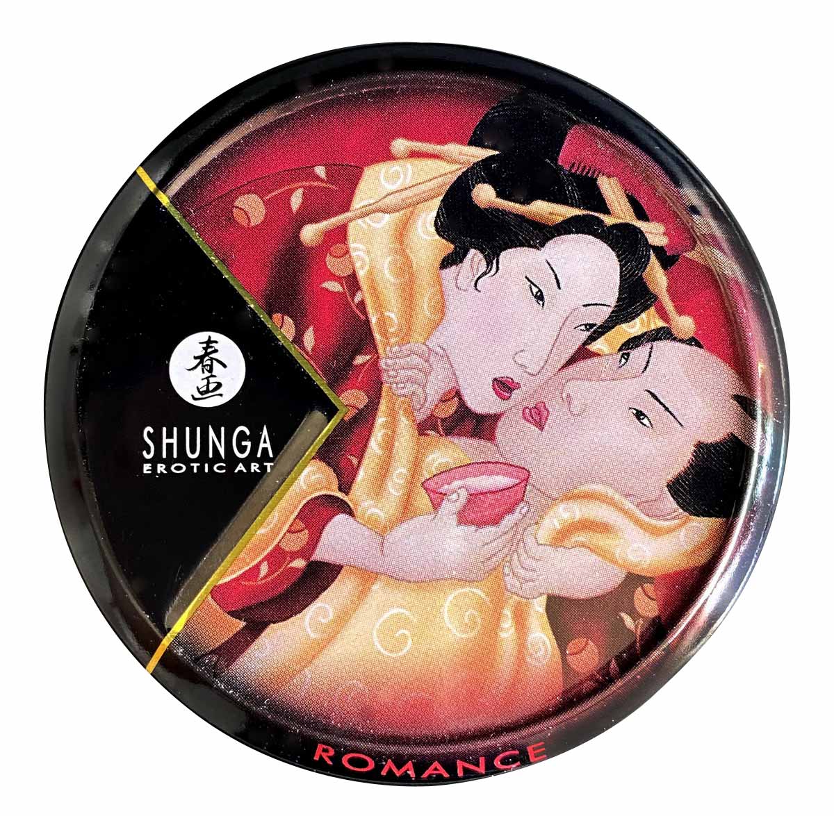 Чорна металева банка з етикеткою Shunga, малюнком пари та написом Strawberry Champagne 30ml