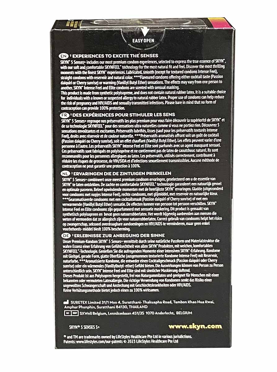 Матовий чорний картон з написом SKYN 5 Senses+, 5 презервативів, різнокольорові акценти