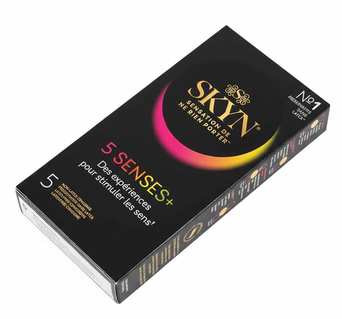 Матовий чорний картон з логотипом SKYN 5 Senses+, позначкою 5 штук та різнокольоровими іконками