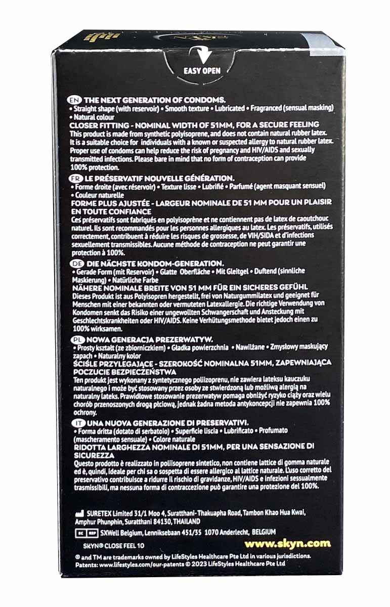 Три чорні коробки SKYN Close Feel із золотим логотипом та написом 10 condoms кожна