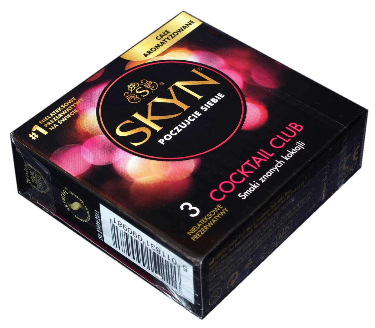 Чорна картонна коробка SKYN Coctail Club із золотим логотипом, 3 ароматизовані презервативи