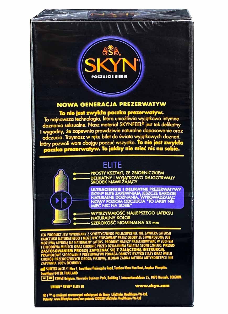 Чорна матова коробка SKYN Elite з золотистим логотипом та позначкою 10 шт