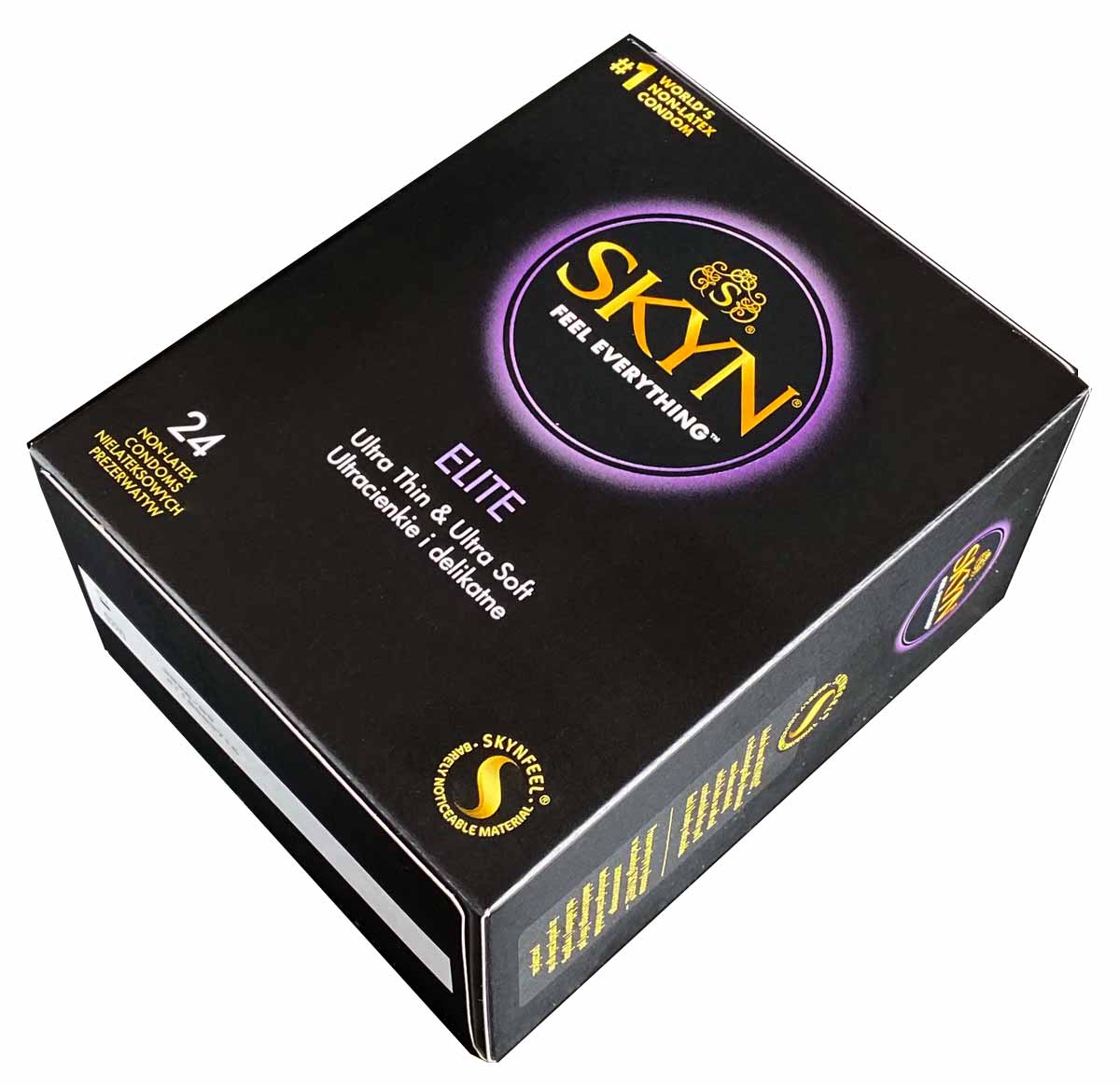 Чорна матова коробка з логотипом SKYN Elite, написом 24 шт та позначкою без латексу