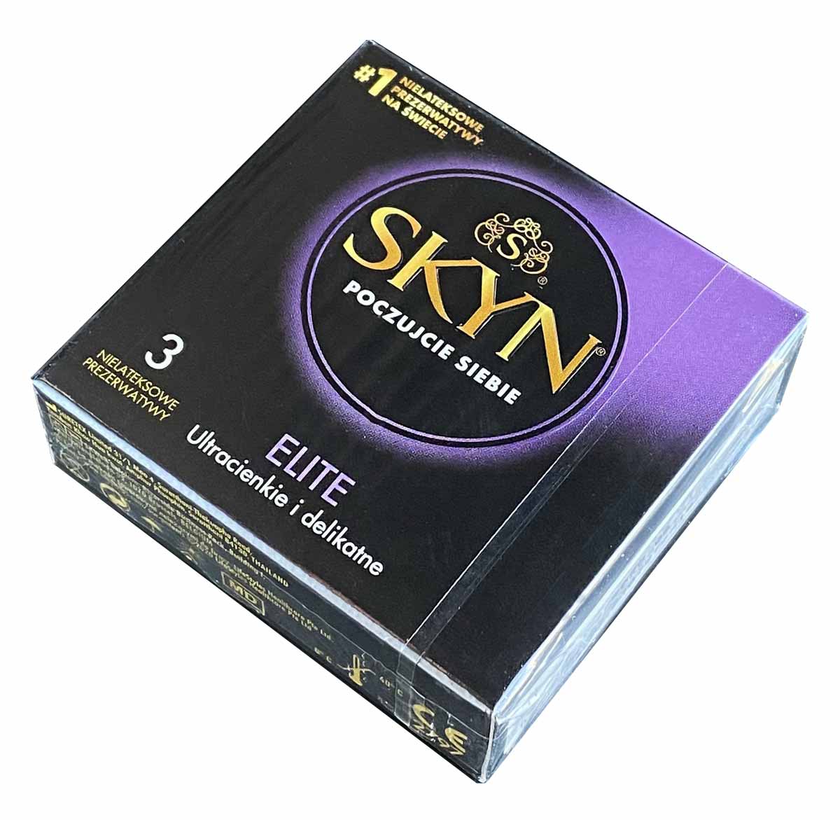 Матовый черный фон с золотым логотипом SKYN Elite, надпись 3 презерватива без латекса