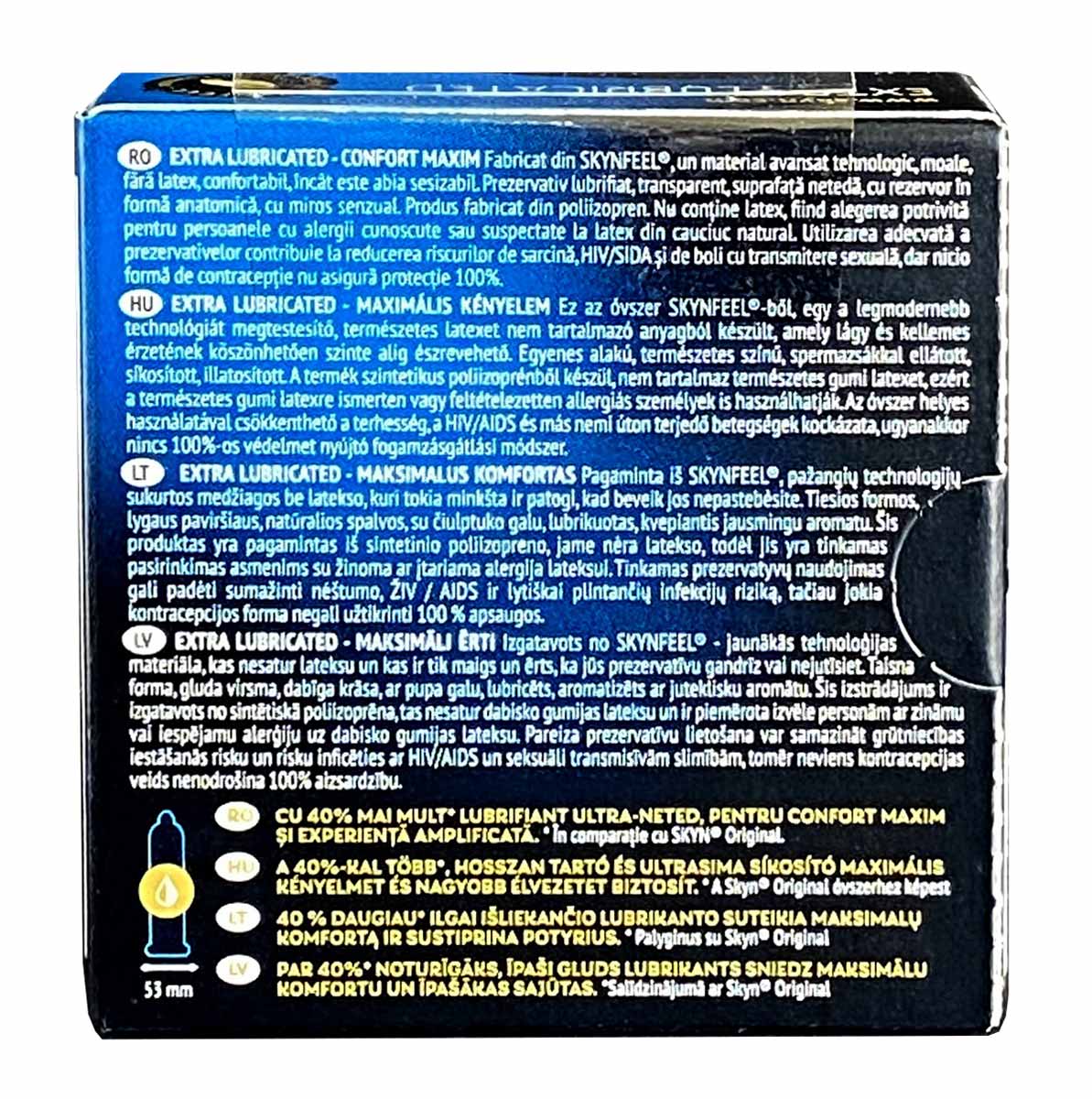 Матовий чорний картон з логотипом SKYN Extra Lubricated та написом 3 condoms на упаковках