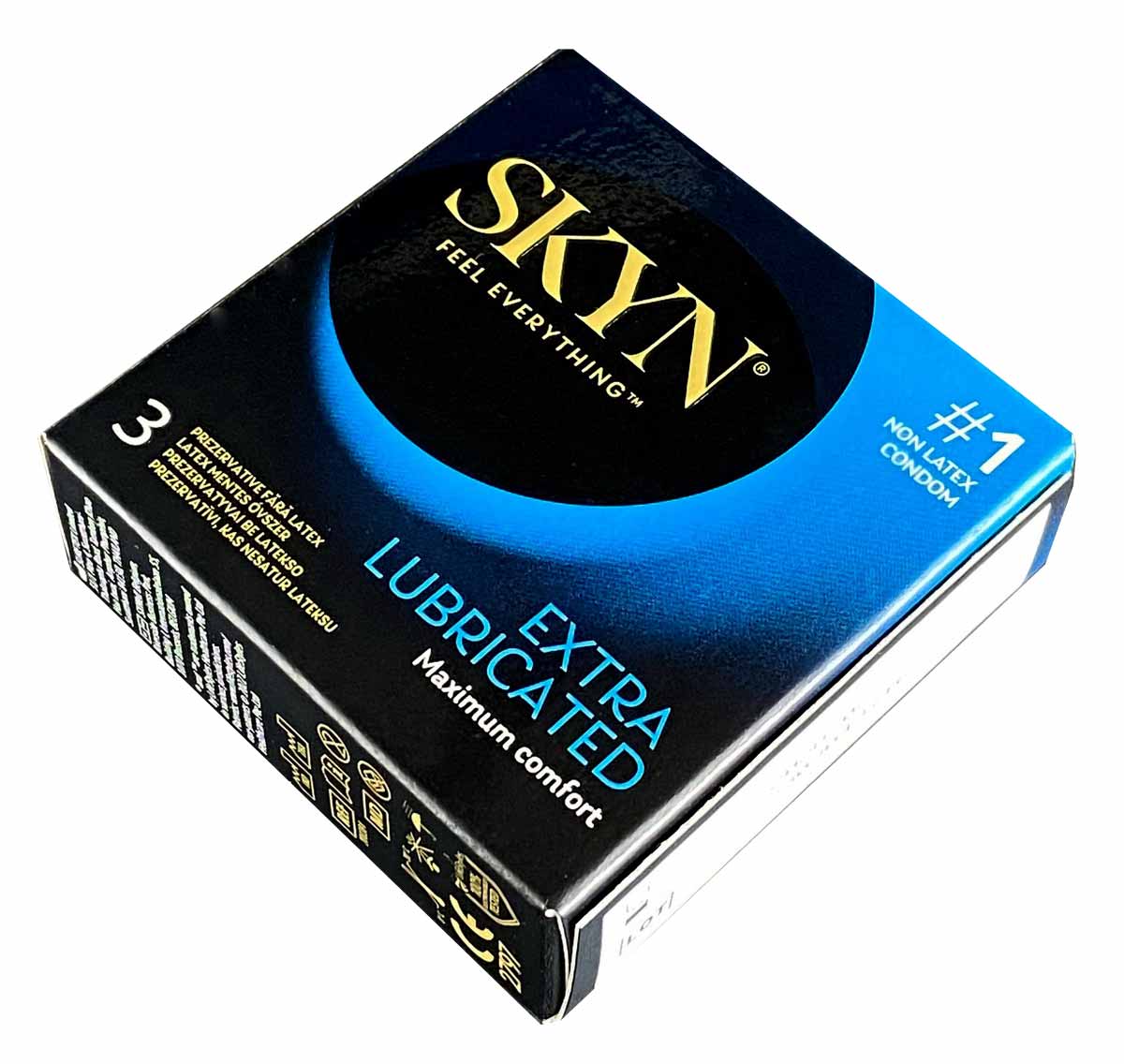 Чорна матова упаковка SKYN Extra Lubricated із золотим логотипом, 5 пачок по 3 презервативи