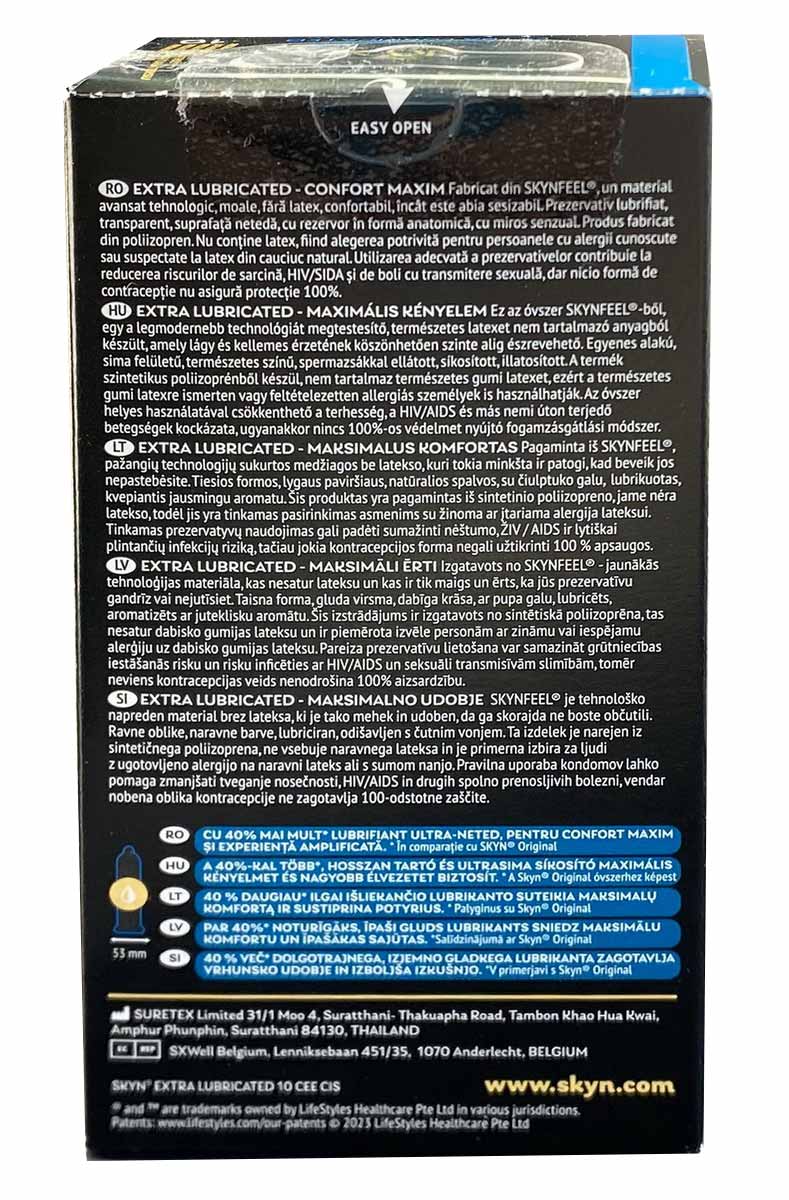 Матовий чорний фон з великою золотою емблемою SKYN Extra Lubricated, 10 штук, безлатексні