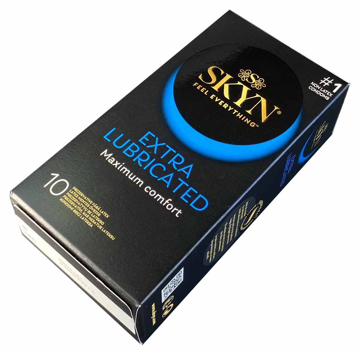 Матовий чорний картон із золотим логотипом SKYN Extra Lubricated та позначкою 10шт