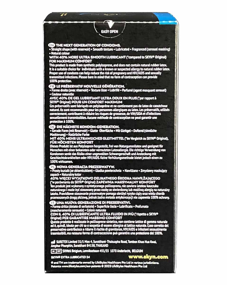 Чорна коробка SKYN Extra Lubricated з золотим логотипом та написом 24 condoms