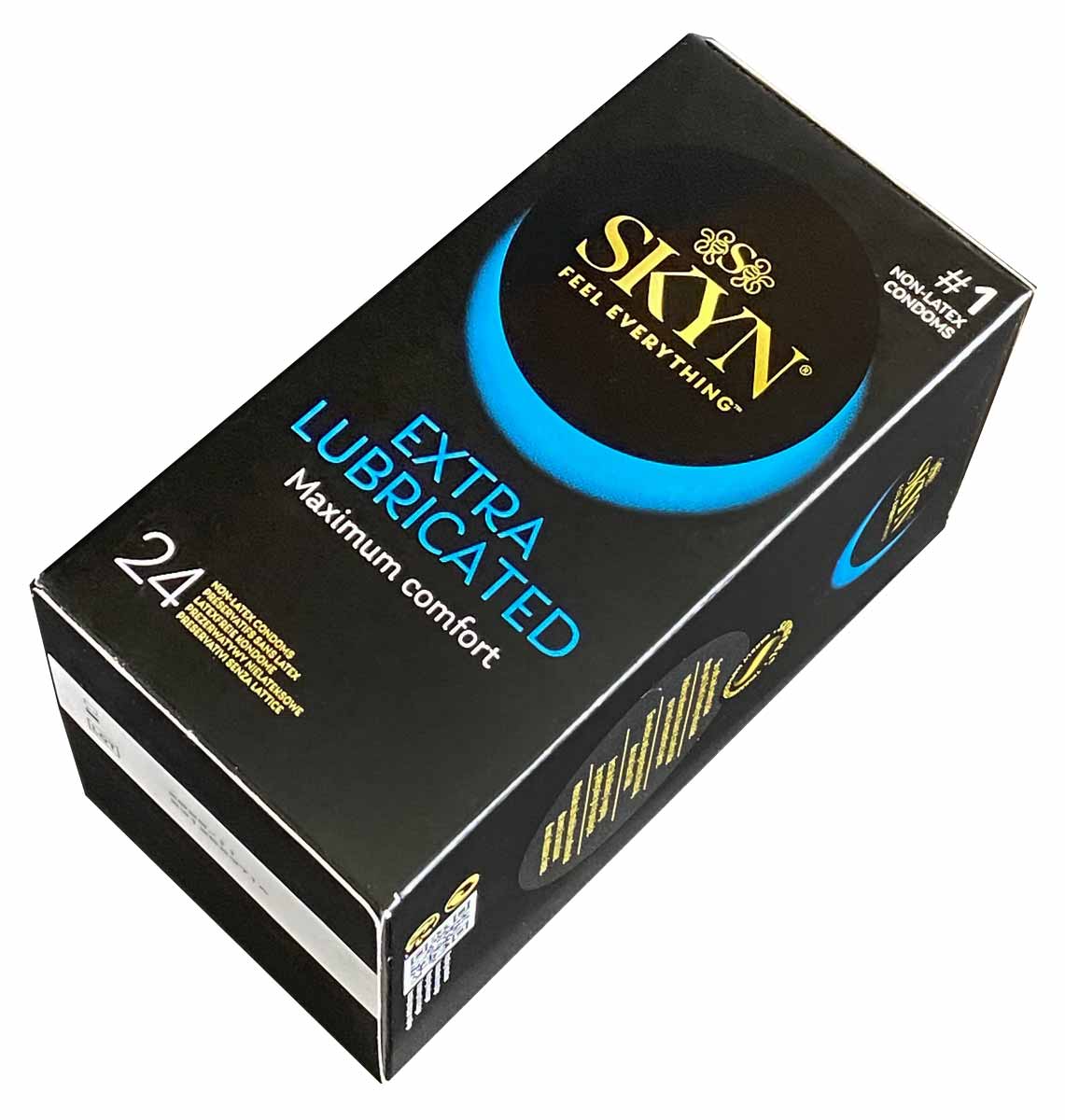 Чорна коробка SKYN Extra Lubricated із золотим логотипом та позначкою 24 шт