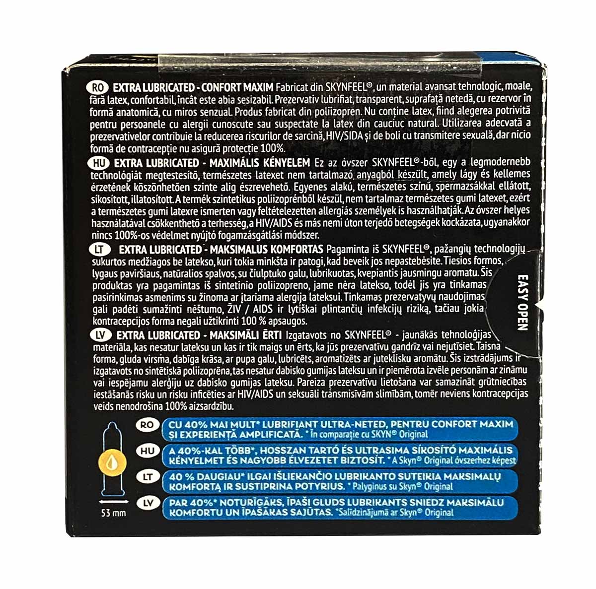 Матовий чорний картон з логотипом SKYN, напис Extra Lubricated, 3 шт, золоті акценти