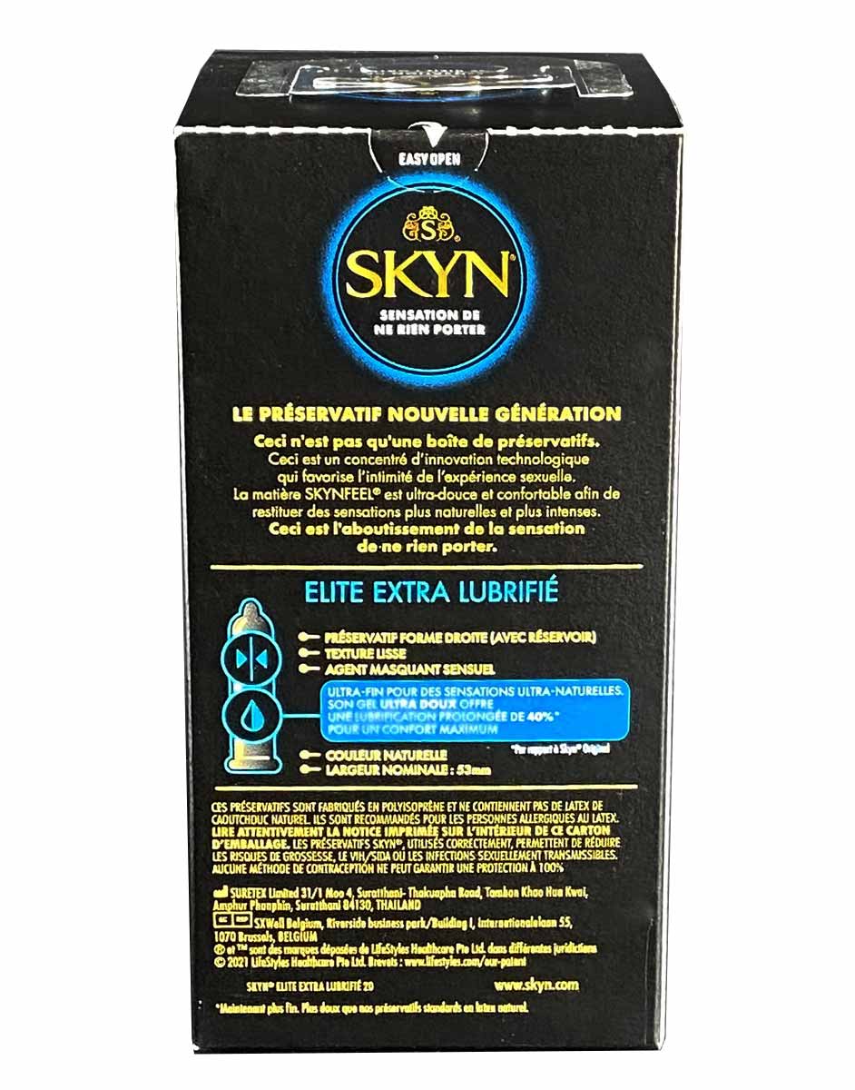 Чорна коробка SKYN Elite Extra Lubricated з великим золотим логотипом, 20 презервативів