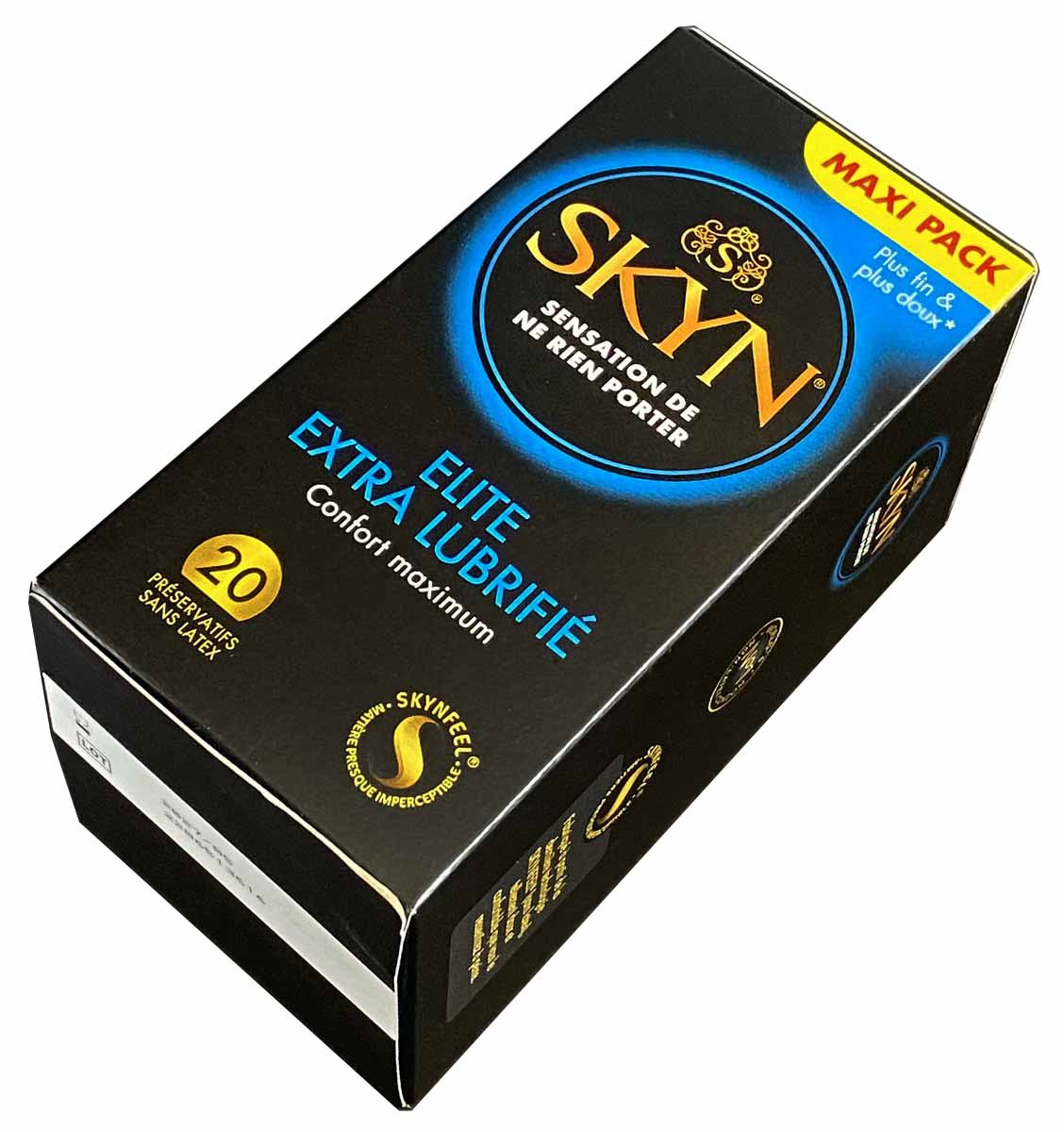 Чорна коробка SKYN Elite Extra Lubricated 20 шт із золотистим логотипом та синім написом Extra Lubricated