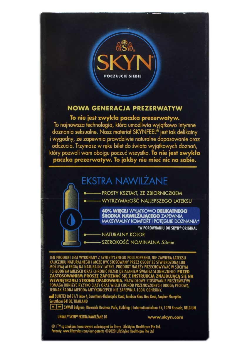 Матовий чорний фон із золотим логотипом SKYN Extra Lubricated та маркуванням 10 шт