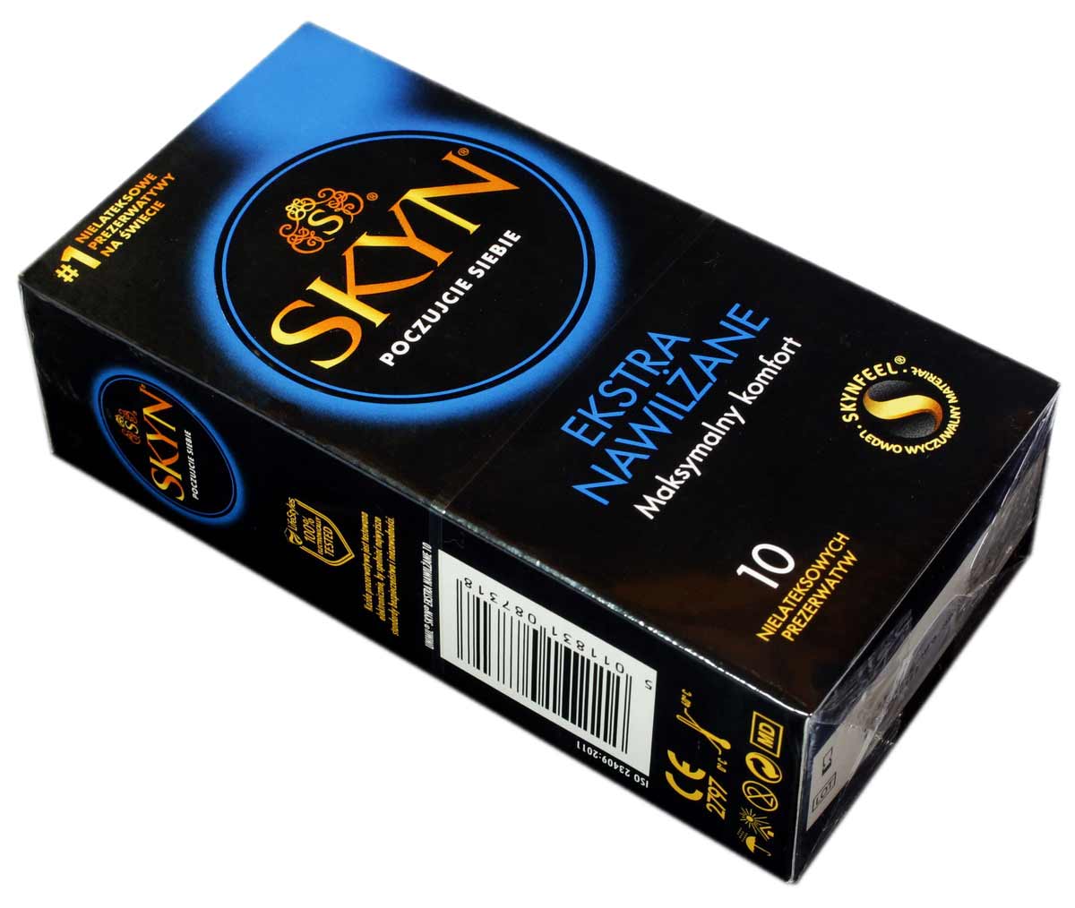 Матовий чорний картон з написом SKYN Extra Lubricated, 10 презервативів, жовті елементи