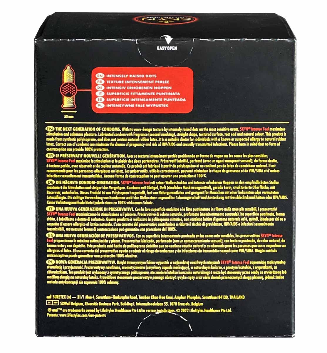 Матовый черный фон с золотым логотипом SKYN Intense Feel и надписью 36 презервативов