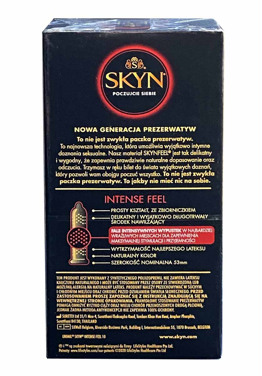 Матовый черный фон упаковки SKYN Intense Feel с золотым логотипом и надписью 10 презервативов