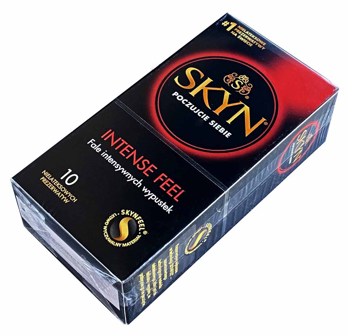 Матовый черный картон с золотой надписью SKYN Intense Feel и тремя коробками по 10 штук