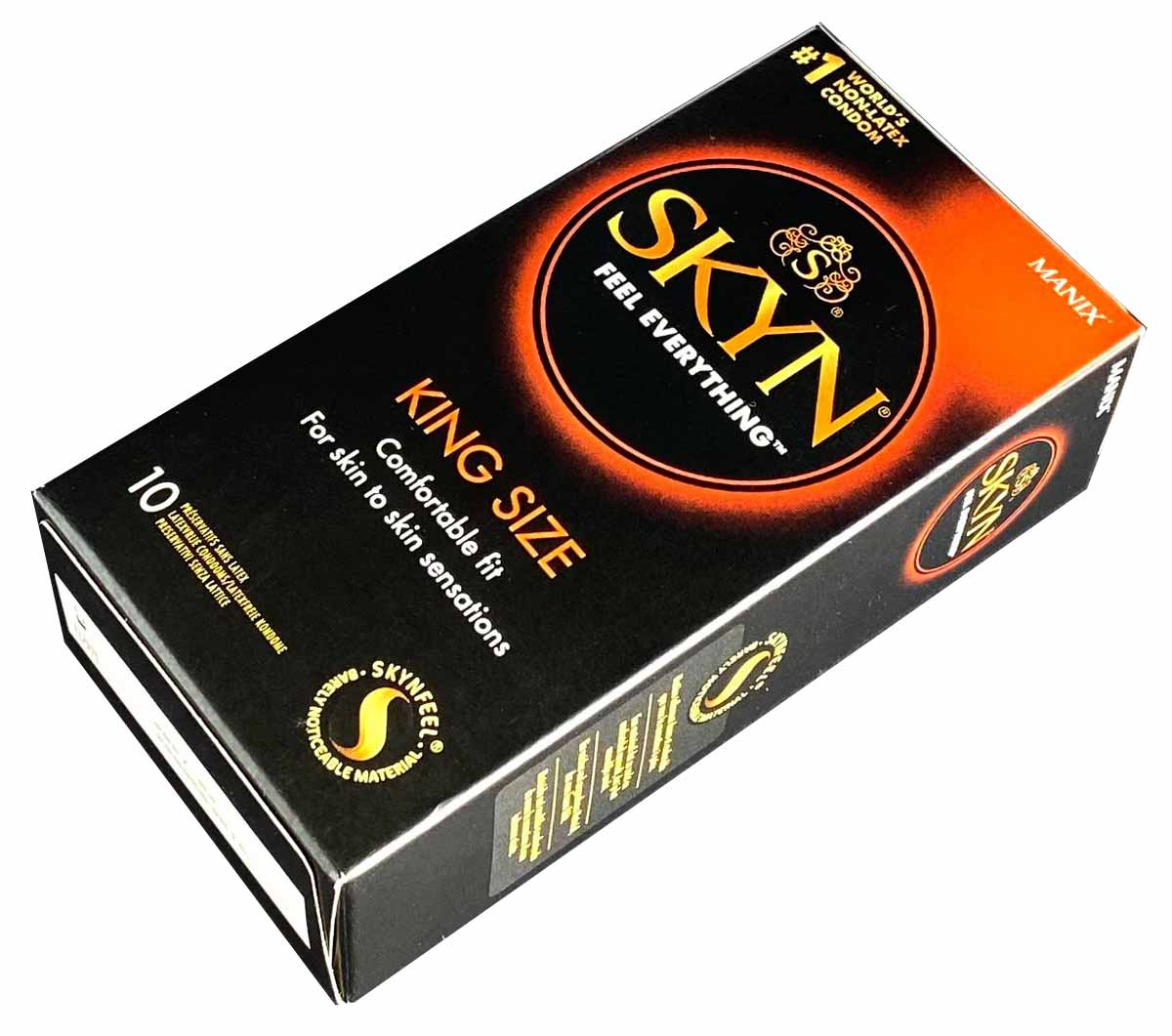 Три черные упаковки SKYN Large King Size с золотыми и синими элементами, 10 шт на каждой