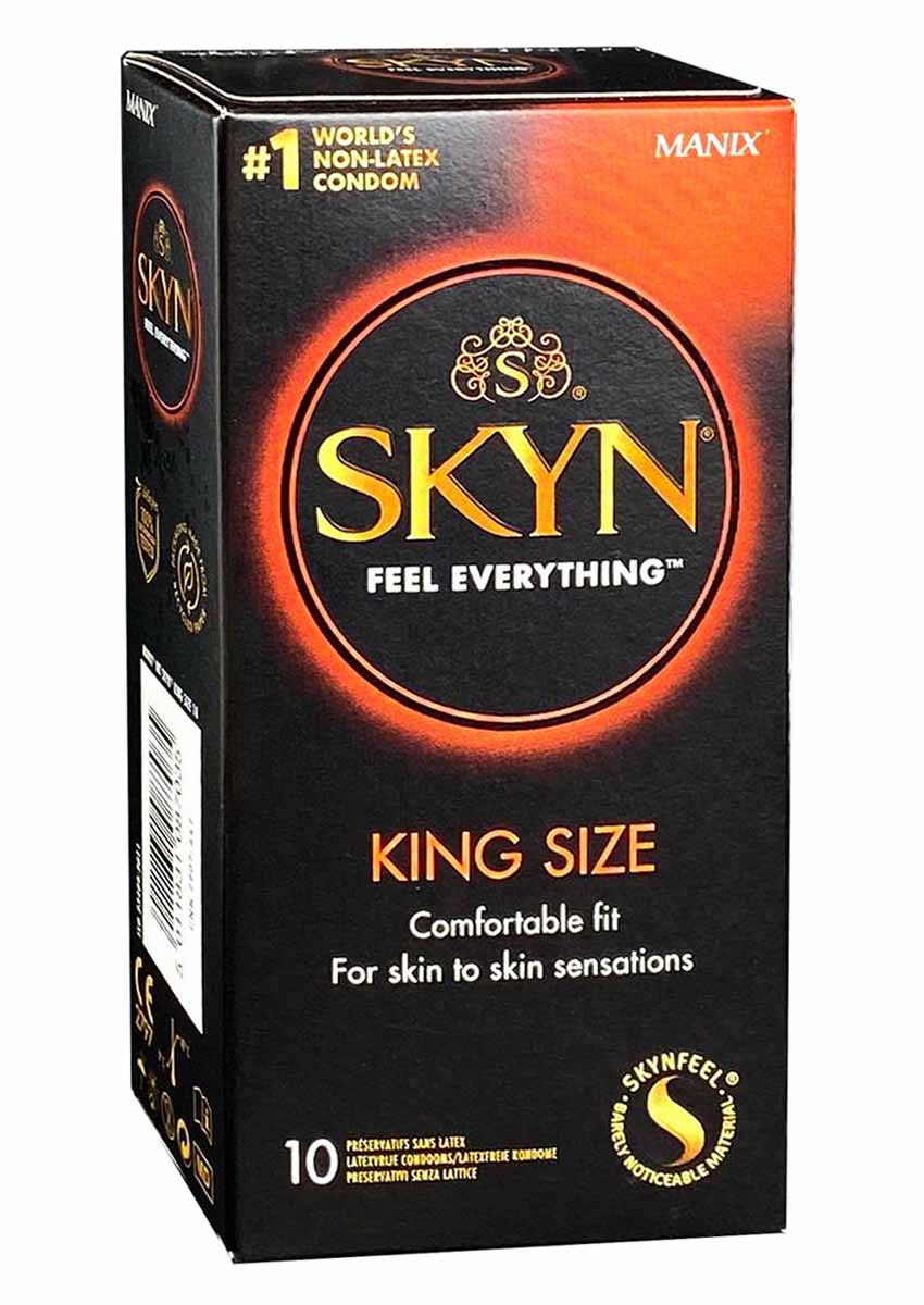 Матовый черный фон с золотым логотипом SKYN Large King Size, надпись 10 презервативов