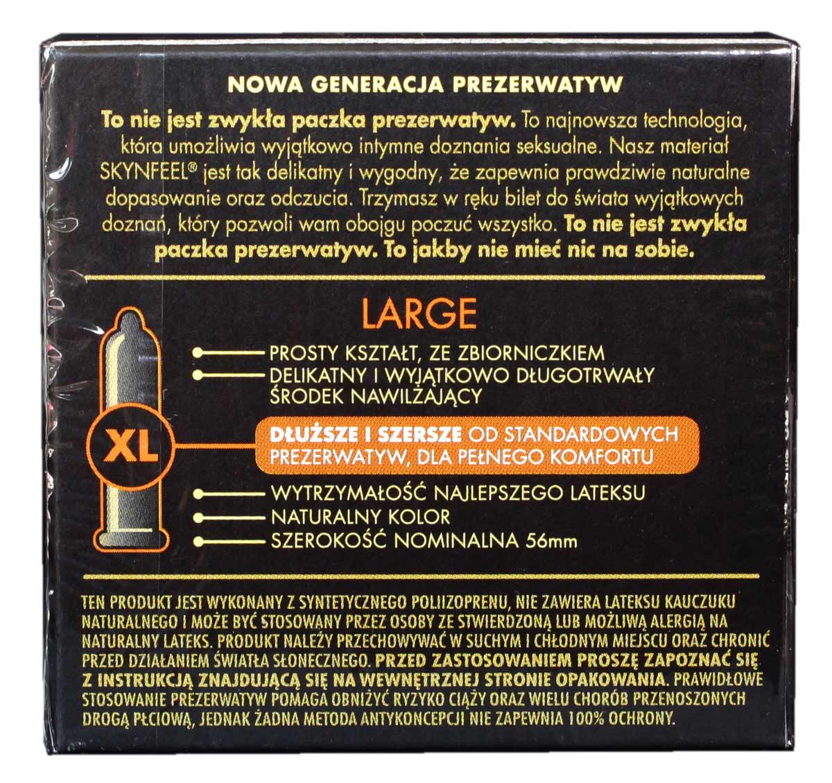 Матовий чорний картон з логотипом SKYN Large та написом 3 презервативи без латексу