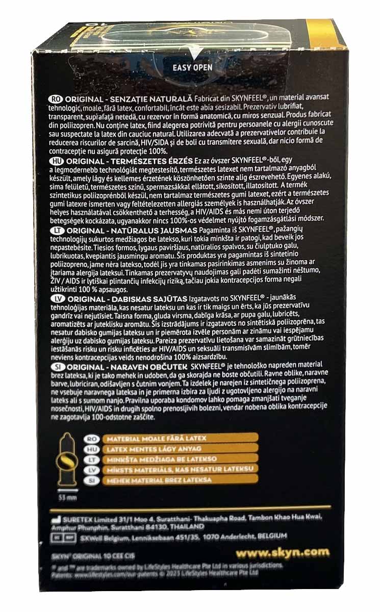 Чорна коробка SKYN Original з золотим логотипом і написом 10 condoms на чорному фоні