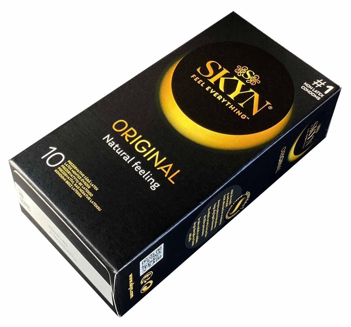 Матовий чорний картон з написом SKYN Original, позначкою без латексу та кількістю 10 штук