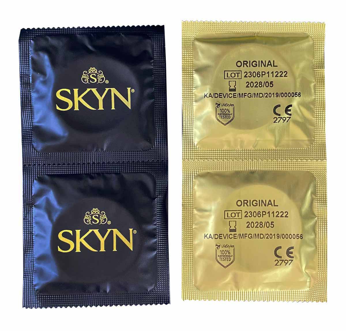 Матовий чорний картон з великим золотим логотипом SKYN Original та позначкою 144 шт