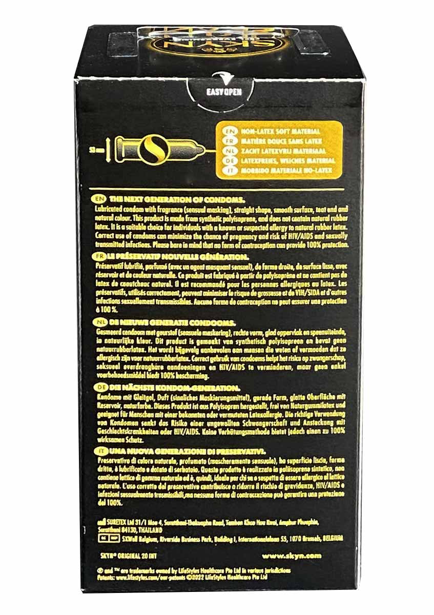 Матовий чорний фон із золотим логотипом SKYN Original та позначкою 20 шт