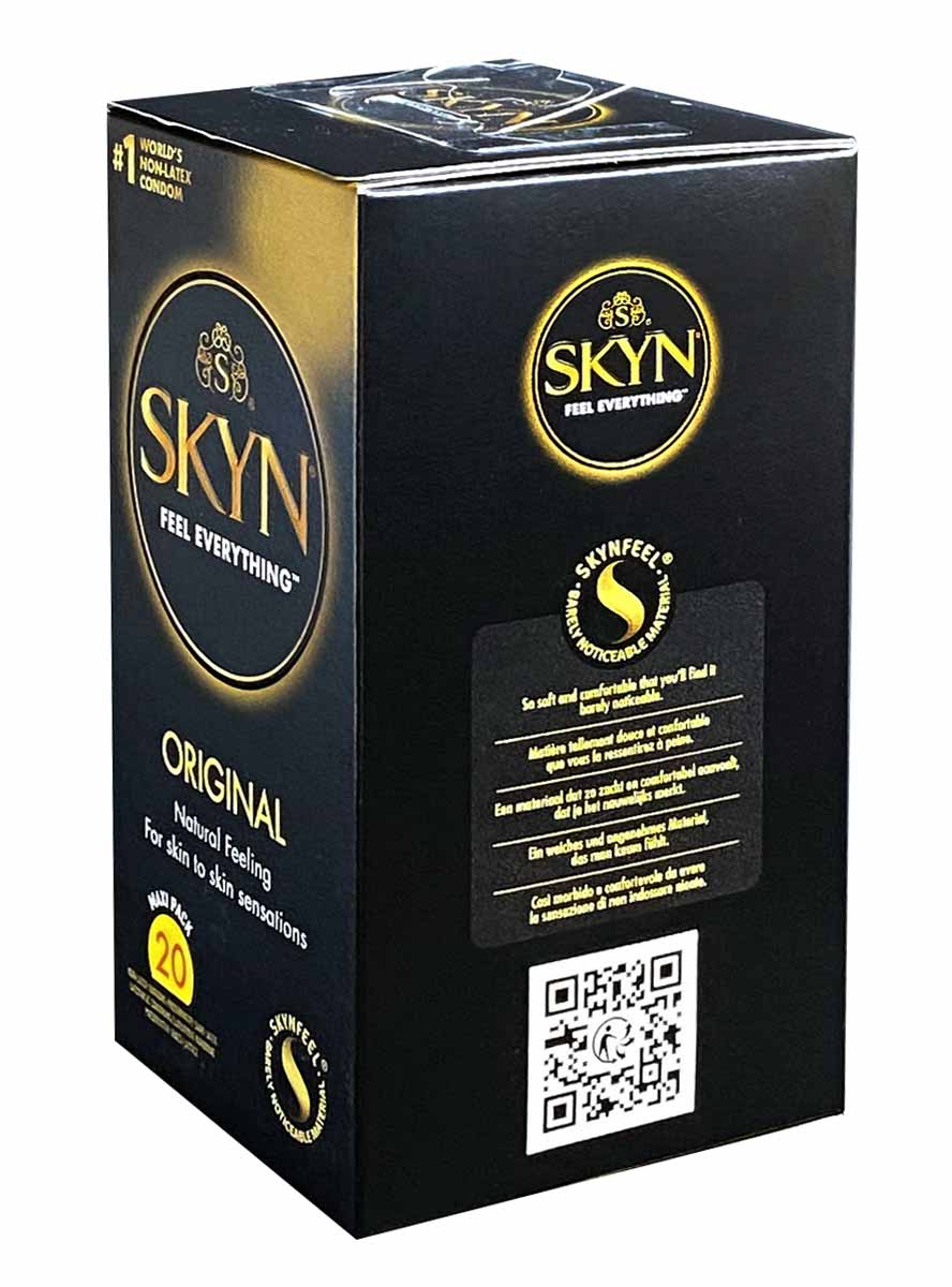 Матовий чорний картон з логотипом SKYN Original та написом 20 презервативів без латексу