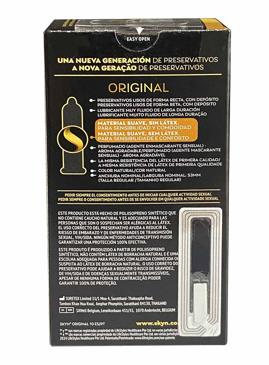 Матовий чорний прямокутник з великим золотим логотипом SKYN Original та написом 10 preservativi