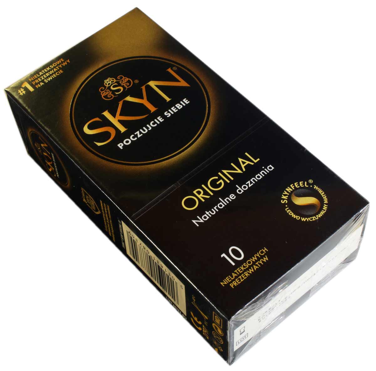 Чорний матовий дизайн коробок SKYN Original з жовтим логотипом та написом 10 sztuk, шість упаковок
