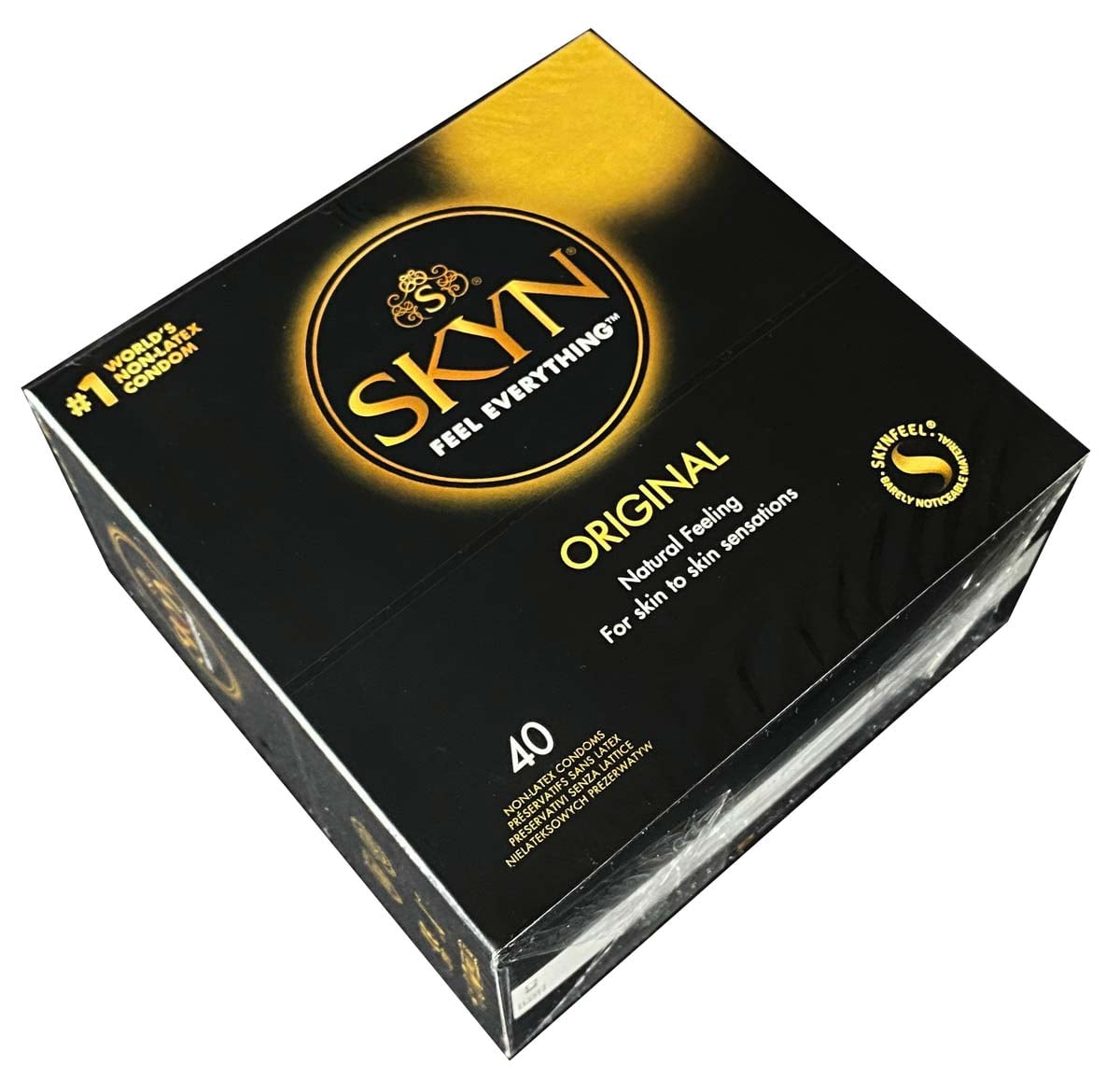 Матовий чорний картон з написом SKYN Original та позначкою 40шт польською мовою