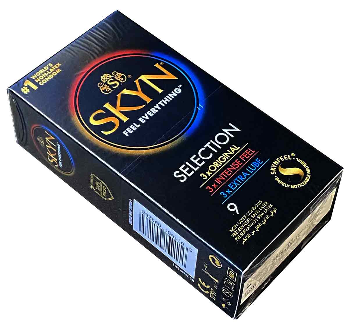 Чорні коробки SKYN Selection з різнокольоровими елементами та написом 9 презервативів