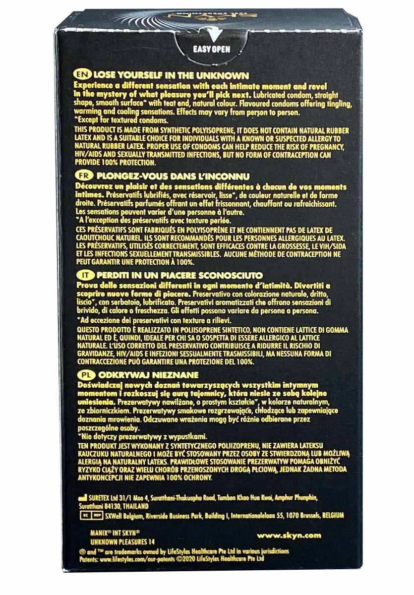 Матовый черный фон с упаковкой SKYN Unknown Pleasures 14 шт и золотистым логотипом