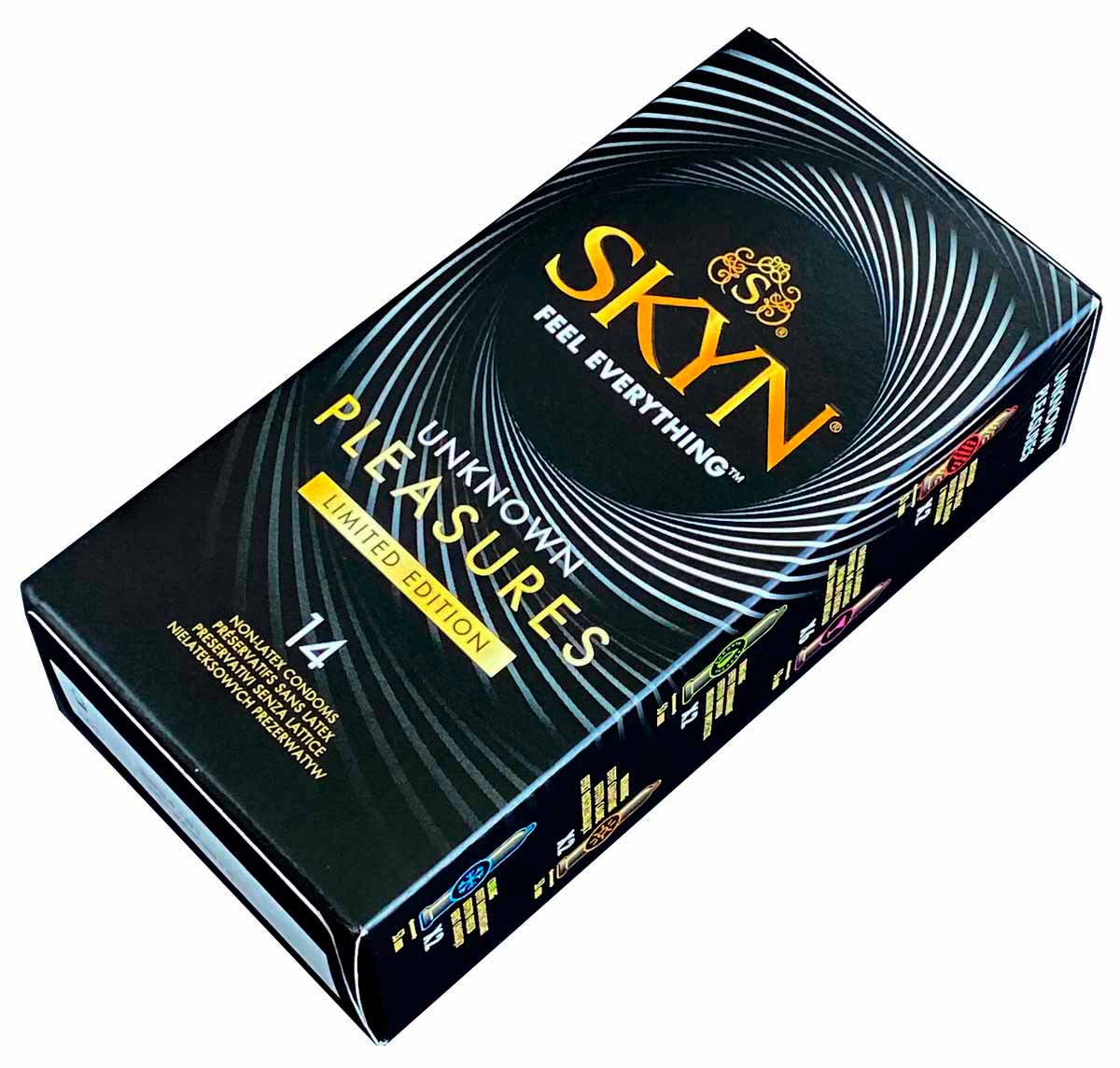 Черная упаковка SKYN Unknown Pleasures 14 шт с золотой и фиолетовой надписью