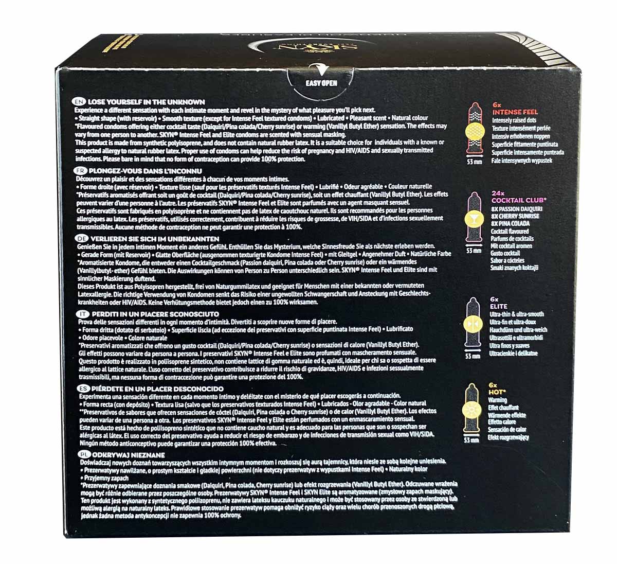 Матовий чорний дизайн коробки SKYN Unknown Pleasures з золотим логотипом та цифрою 42