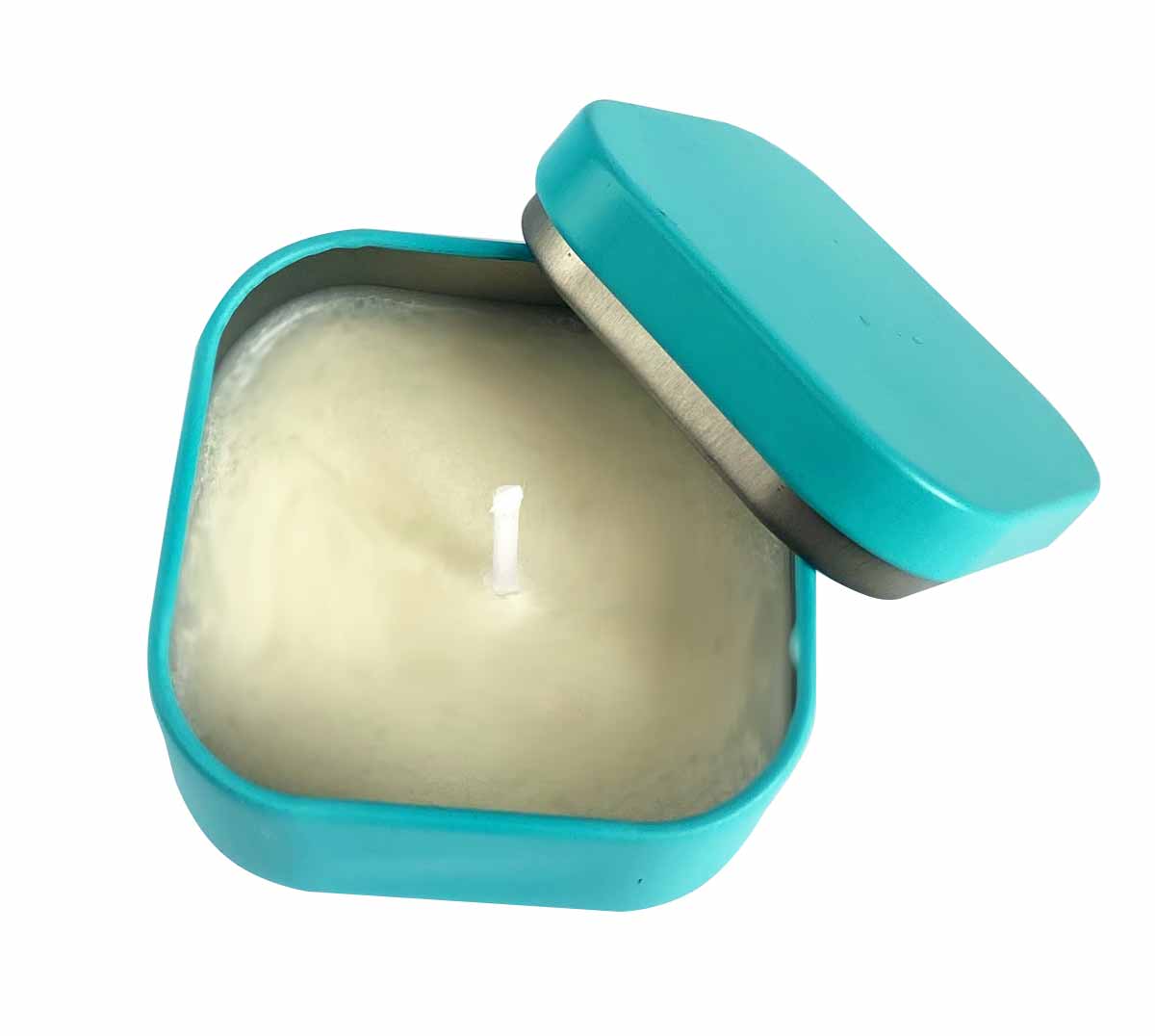 Синя масажна свічка у металевій банці з написом Заборонені ласки 50мл