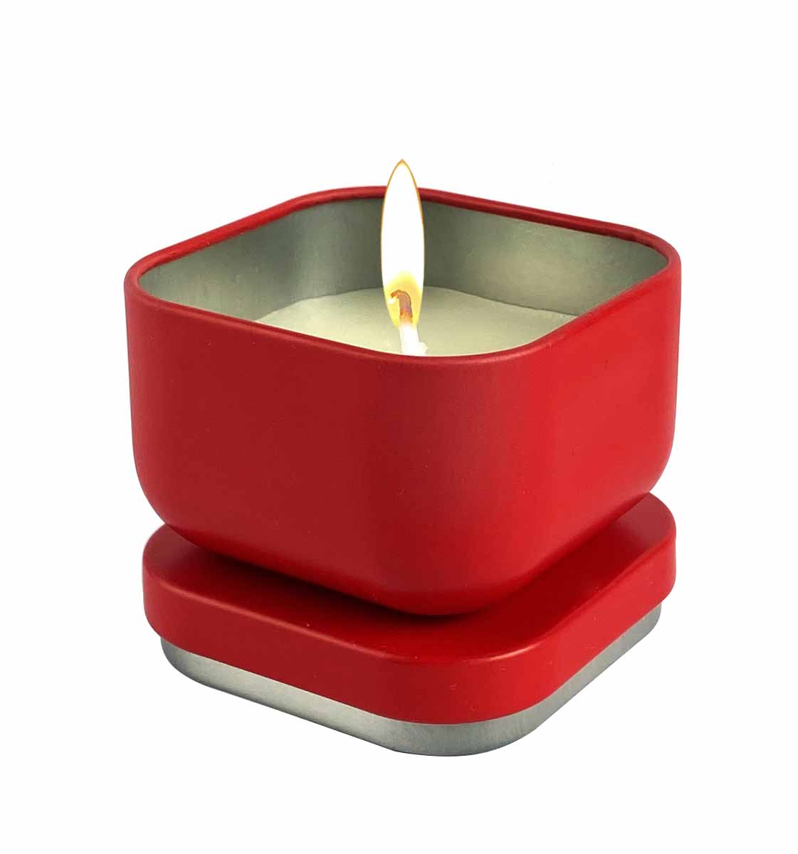 Червона масажна свічка у металевій банці, об’єм 50 мл, напис Flame of Temptation