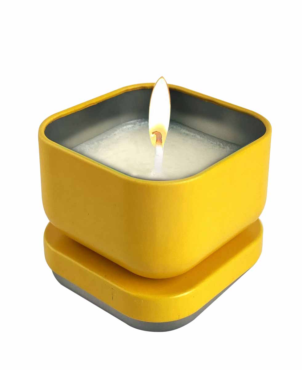 Жовта масажна свічка у металевій банці з написом 50 відтінків пристрасті 50мл