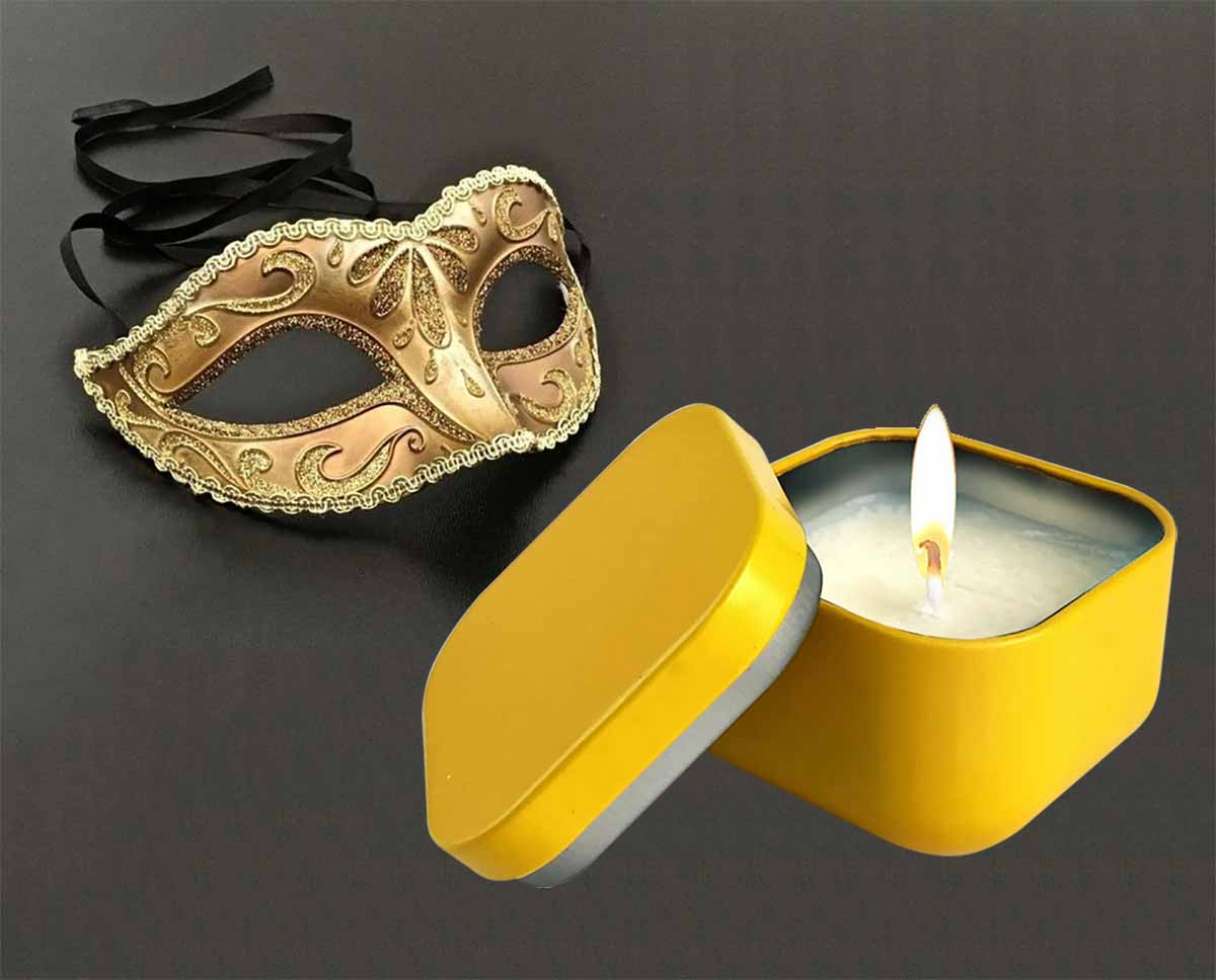 Жовта масажна свічка у металевій банці з написом 50 відтінків пристрасті, об?єм 50 мл