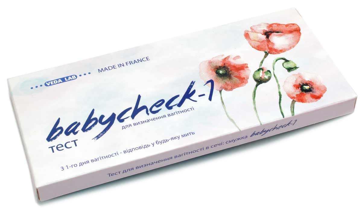 Біло-рожева упаковка тесту BABYCHECK 1шт з синім логотипом і зображенням тест-смужки