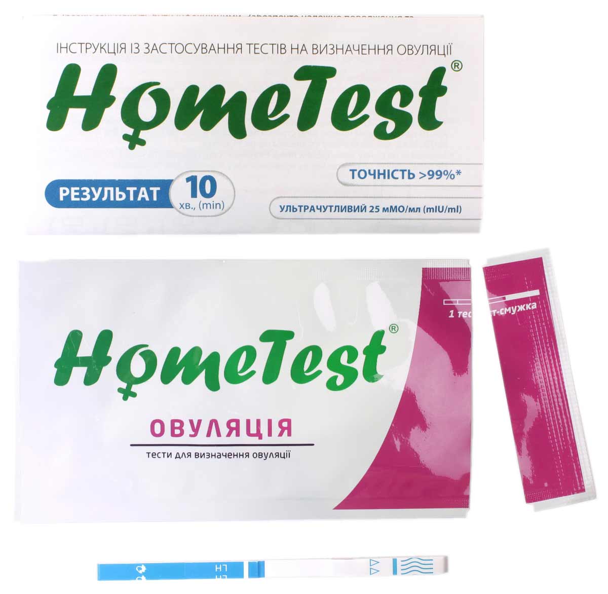 Біло-блакитна коробка з написом HOME TEST овуляція, 5+1 тест-смужка українською