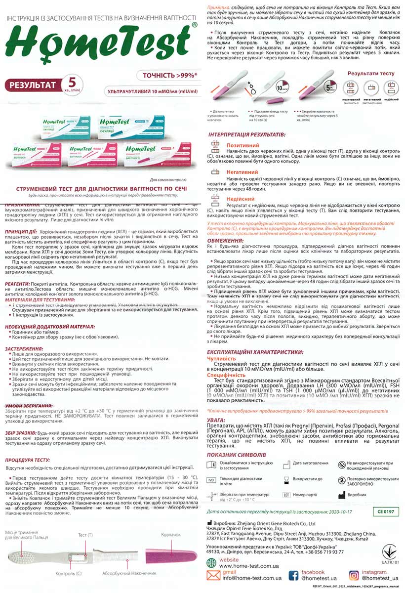 Схематична інструкція з використання струйного тесту на вагітність HOME TEST українською мовою