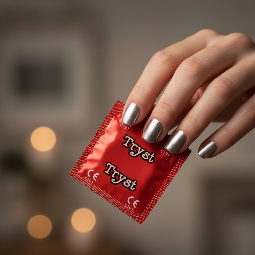 Три різнокольорові коробки TRYST по 12 штук на білому фоні, загалом 36 презервативів