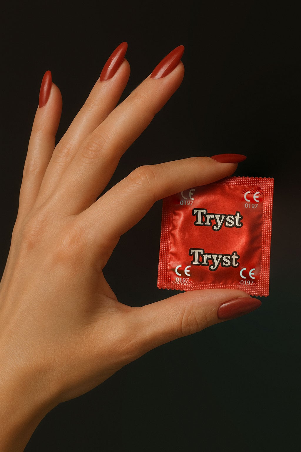 Черная коробка TRYST Anatomic с голубым логотипом и надписью 3 презерватива