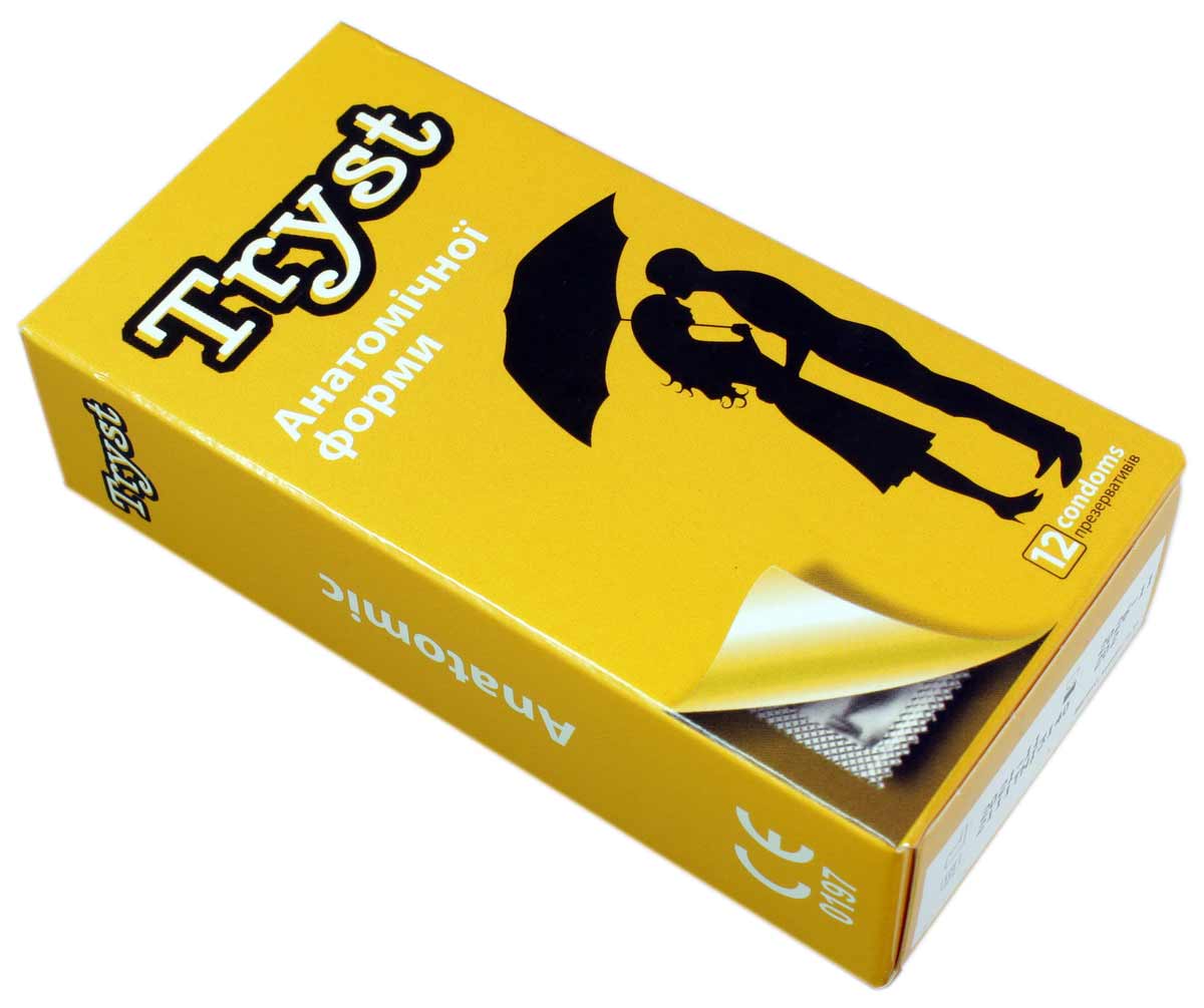 Чорна упаковка TRYST Anatomic із сріблястим написом, 12 анатомічних презервативів
