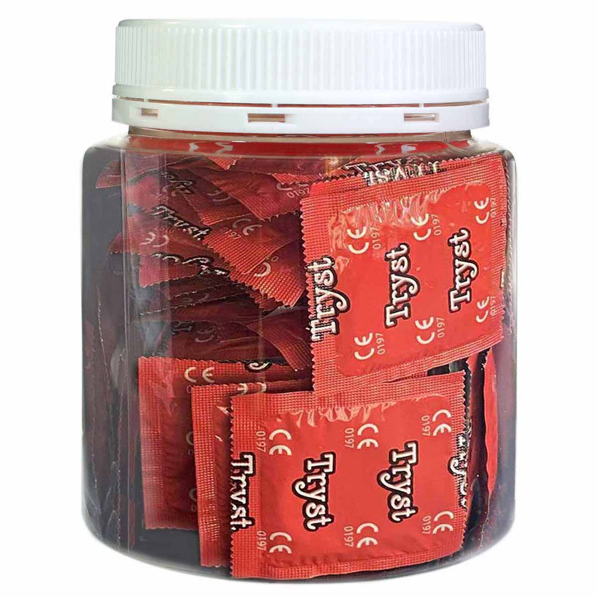 Прозрачная пластиковая баночка TRYST с синими и красными элементами, 15 презервативов