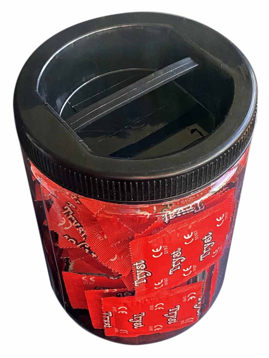 Банка из прозрачного пластика с синими и белыми надписями TRYST Anatomic 75 шт