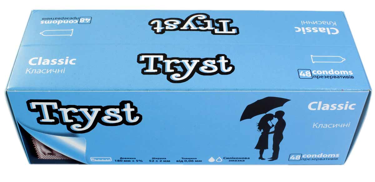 Черная упаковка TRYST Classic с серебристым логотипом и надписью 48 condoms